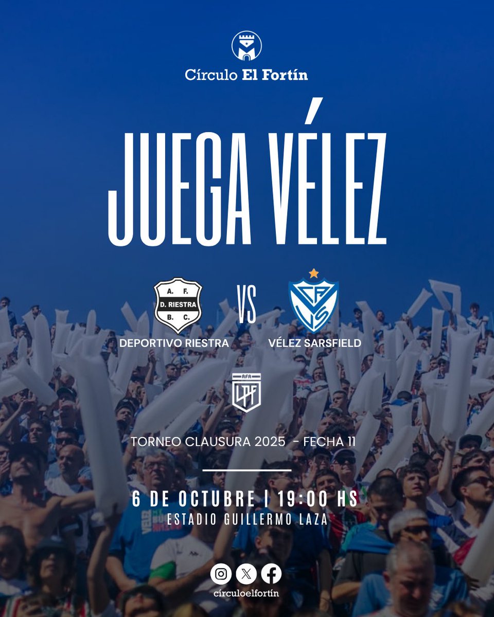 CirculoElFortin's tweet image. 𝑬𝒔𝒕𝒆 𝒂𝒎𝒐𝒓 𝒇𝒐𝒓𝒕𝒊𝒏𝒆𝒓𝒐, 𝒏𝒐 𝒅𝒆𝒃𝒆 𝒎𝒐𝒓𝒊𝒓 𝒋𝒂𝒎𝒂́𝒔…🎶

➡️ Hoy, desde las 19:00, #Vélez visita a Deportivo Riestra en el Estadio Guillermo Laza, por la onceava fecha del Torneo Clausura.

¡VAMOS NOSOTROS! 💙