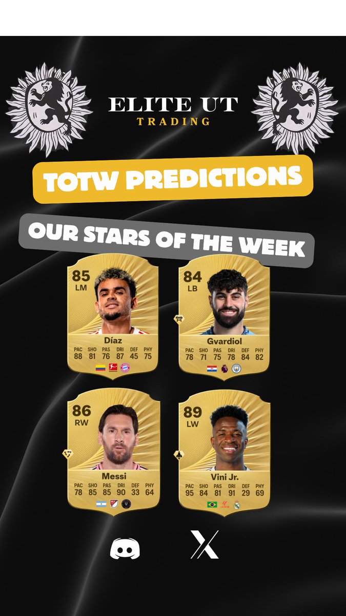 EliteFutTrading's tweet photo. Its that time of the week 

Stars of TOTW4 Predictions
These are just our predicitons not a leak

For investment opportunities, Join Discord today

#FC #FC26 #EASports #UltimateTeam #ViniJr #Messi #gvardiol #LuisDiaz https://t.co/TBDWwsxwtl