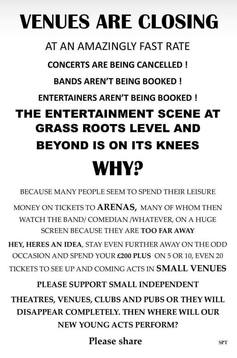 Just seen this on Instagram. Please read it &amp; if possible repost it. We need to save local small venues, without them we will lose #NewMusic  &amp; think how bad things will become. 🎶🎶🎶🎶🎶