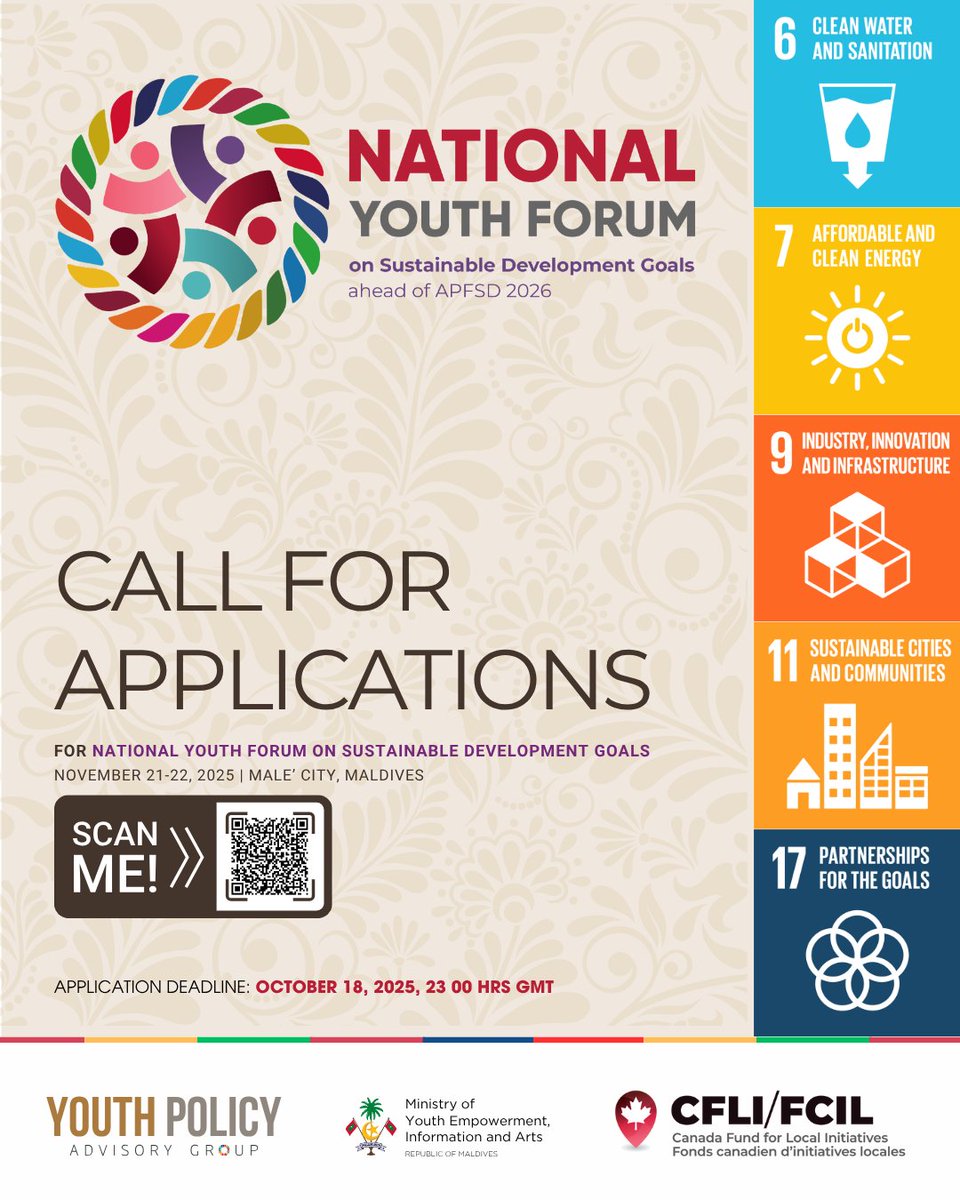 youthpolicymv's tweet photo. Calling on Maldivian youth passionate about sustainable development!

Join the 2025 National Youth Forum on SDGs from November 21-22, 2025, in Male’ City. It's your chance to contribute to shaping a sustainable future!

Apply here: https://t.co/pGMbwxbgqj

#SDGYouthMV #CanadaFund https://t.co/zvudHmOPf9