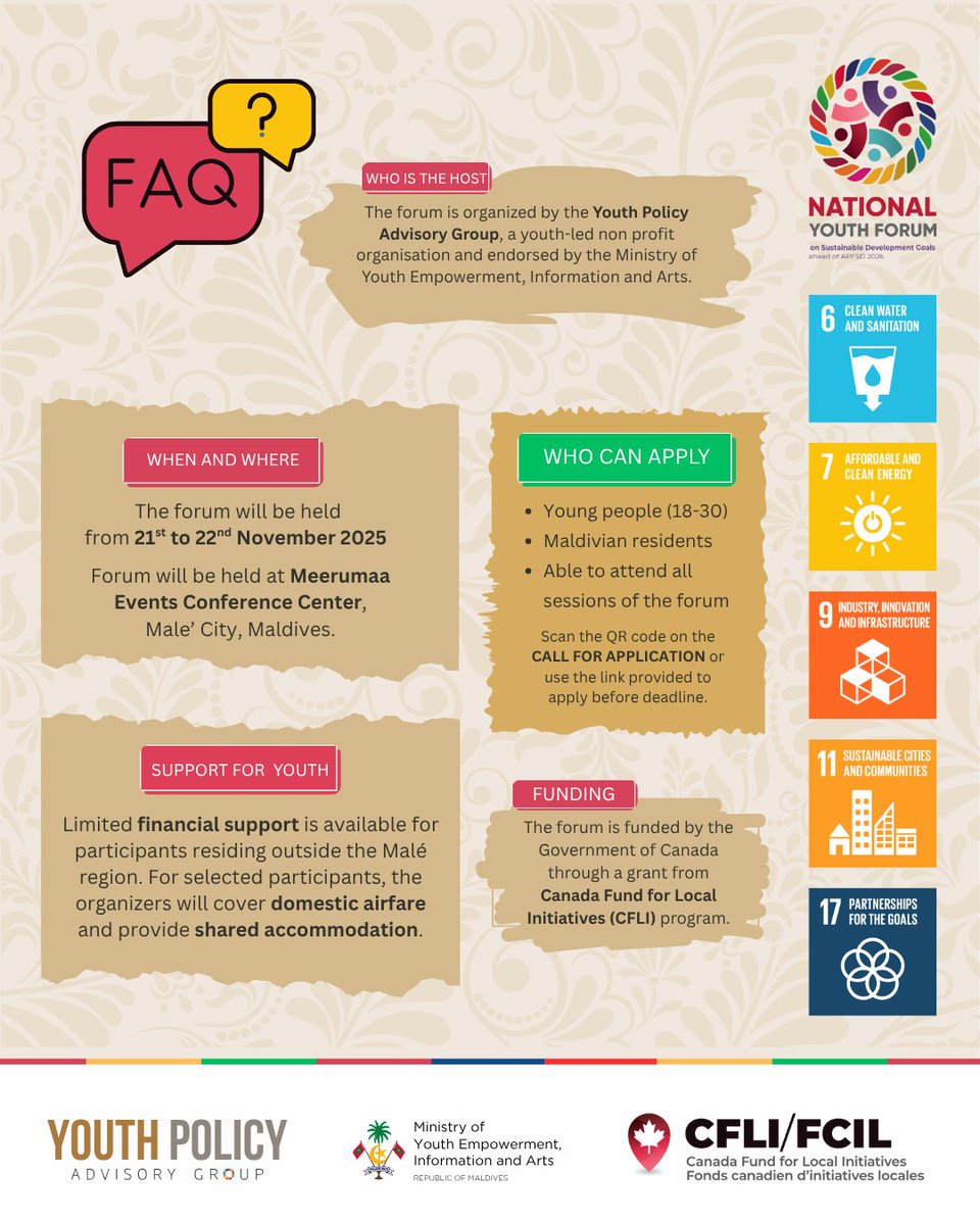 Calling on Maldivian youth passionate about sustainable development!

Join the 2025 National Youth Forum on SDGs from November 21-22, 2025, in Male’ City. It's your chance to contribute to shaping a sustainable future!

Apply here: forms.office.com/r/CGZ85q6Tsm

#SDGYouthMV #CanadaFund