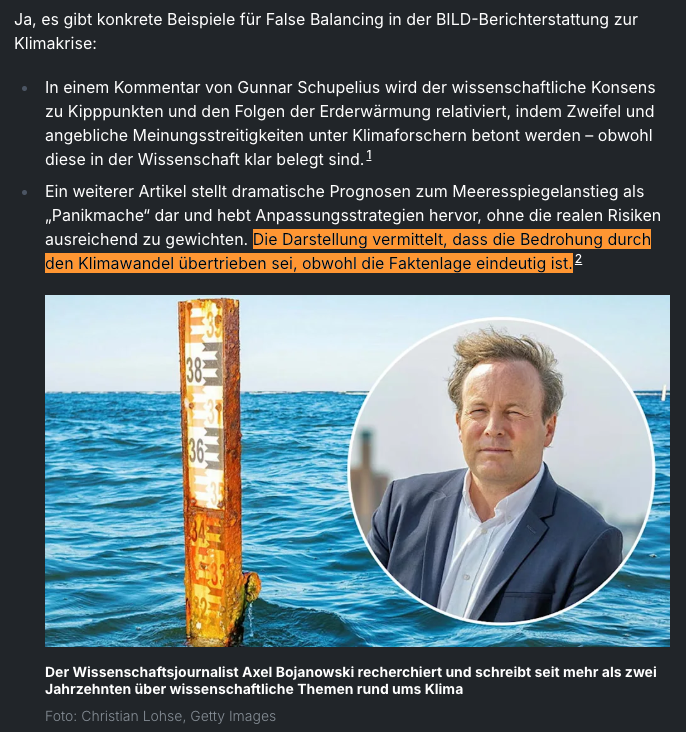 Klimakatastroph's tweet photo. Die eigene #BILD #KI wirft dem Wissenschaftsjournalist @Axel_Bojanowski #FalseBalancing vor. Als Beispiel dient ein Artikel über den #Meeresspiegel. https://t.co/lpMXmvZ9oC