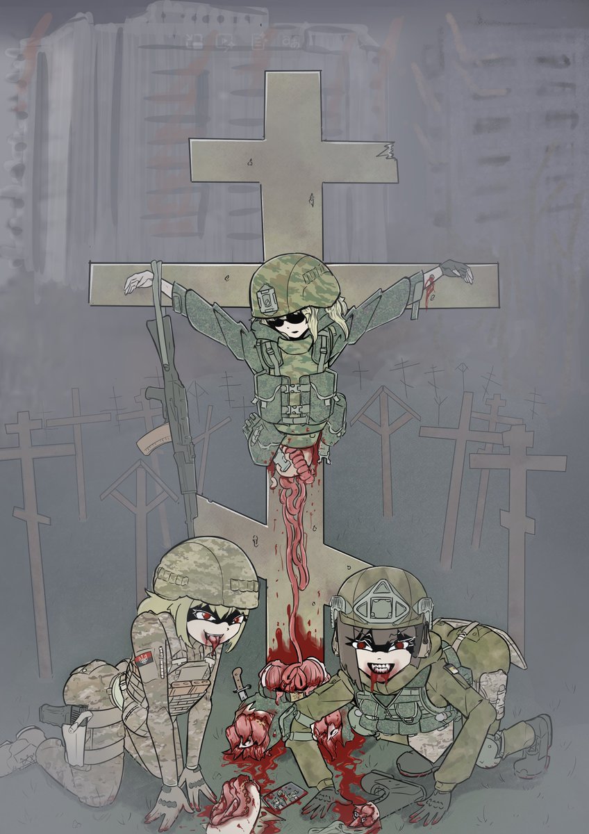 two nationalist eating the corpse of a conscript. this drawing kinda sucks maybe next time ill draw something better