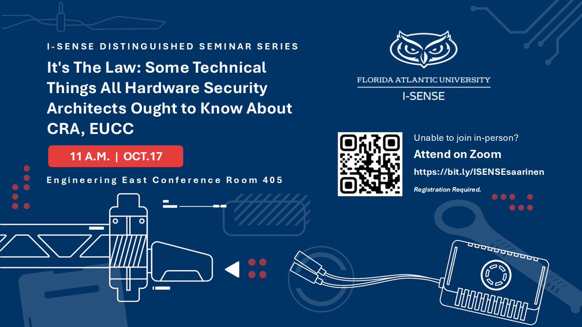 I-SENSE kicks off its Fall 2025 Distinguished Seminar Series with Dr. Markku-Juhani Olavi Saarinen 🇫🇮 

He'll discuss EU’s Cyber Resilience Act &amp; what it means for global chip security and compliance.  

Join us in-person or on zoom: bit.ly/ISENSEsaarinen