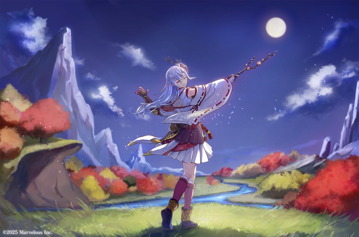 RuneFactory's tweet image. A beautiful Harvest Moon will light up the sky tonight! 🌕

In celebration of the Mid-Autumn Moon, please enjoy this illustration of Kaguya dancing beneath the moonlit sky. 🌌
#RFGoA
