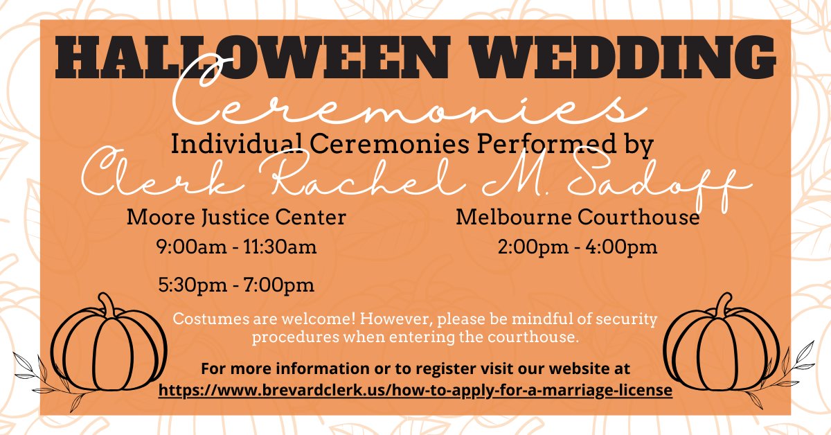 Say boo and I do this Halloween!  The Clerk’s Office is hosting Halloween wedding ceremonies on October 31st at our Viera and Melbourne branch offices, officiated by our very own Clerk Sadoff!

Spaces are limited - register now on our website!👻

#HalloweenWedding #SpookyCeremony