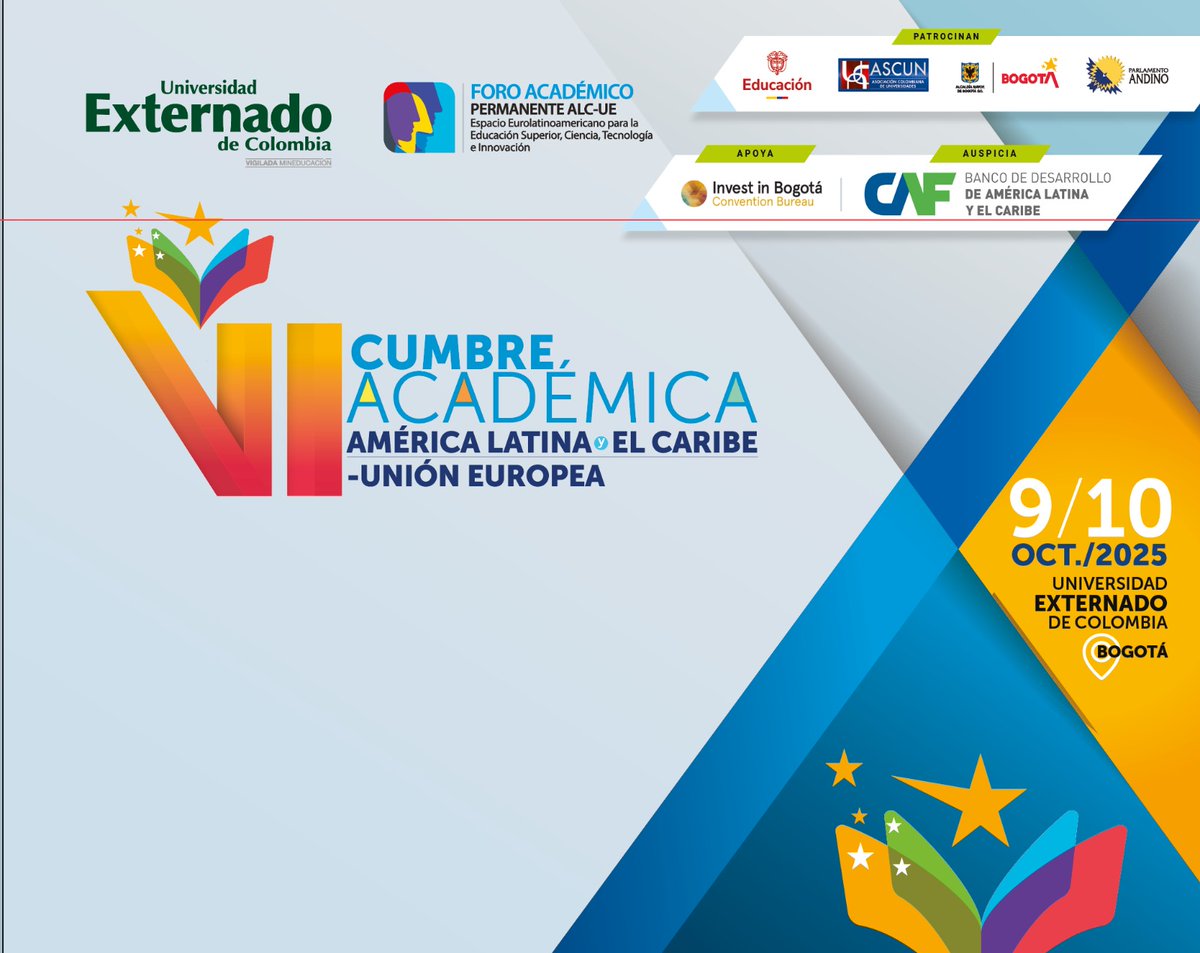 Rectoral Board apoia a VI Cúpula Acadêmica ALC-UE em Bogotá (9-10/out), na <a href="/UExternado/">U.Externado</a>. Nosso Sec. Geral Executivo, <a href="/luciano_180o/">Luciano R. Marcelino</a> será painelista na Mesa 8, debatendo a Internacionalização da Educação Superior.
#CumbreALCUE #Internacionalização