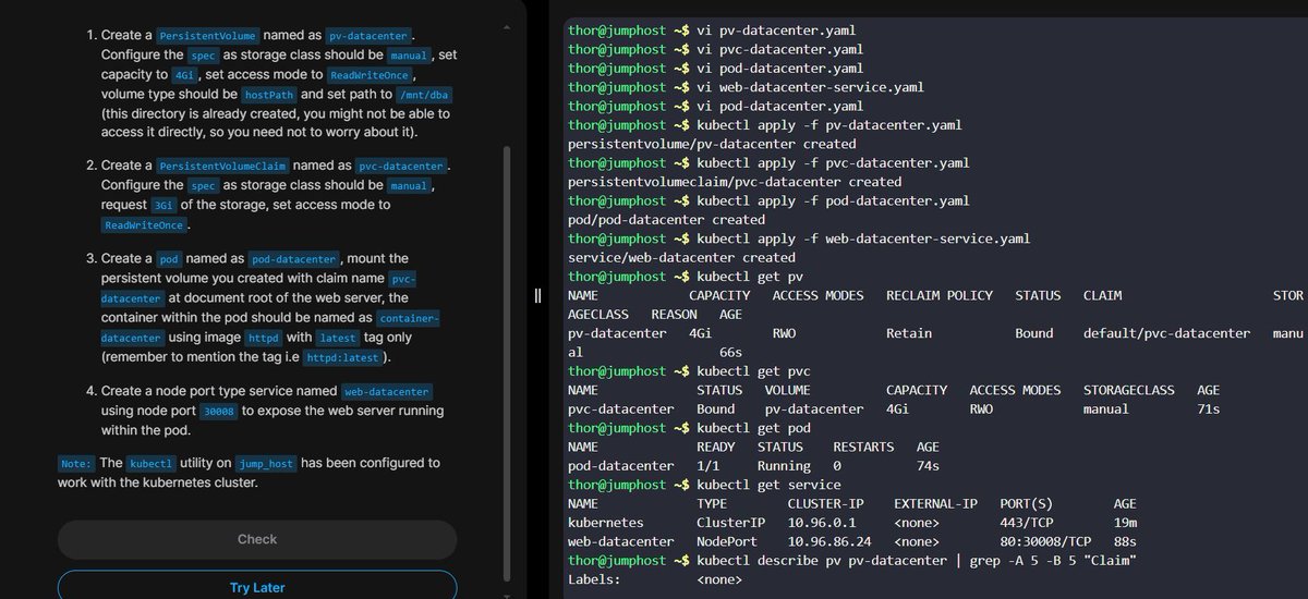 jidefal's tweet image. Day 60 of #100DaysOfDevOps by @KodeKloudHQ  - Persistent Volumes in Kubernetes

Today&apos;s task is to create several Kubernetes resources: a Persistent Volume, a Persistent Volume Claim, a Pod, and a Service.

#Kubernetes #PersistentVolume #PersistentVolumeClaim