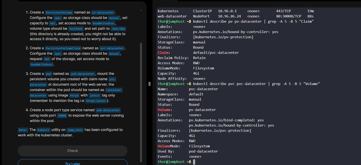 jidefal's tweet image. Day 60 of #100DaysOfDevOps by @KodeKloudHQ  - Persistent Volumes in Kubernetes

Today&apos;s task is to create several Kubernetes resources: a Persistent Volume, a Persistent Volume Claim, a Pod, and a Service.

#Kubernetes #PersistentVolume #PersistentVolumeClaim