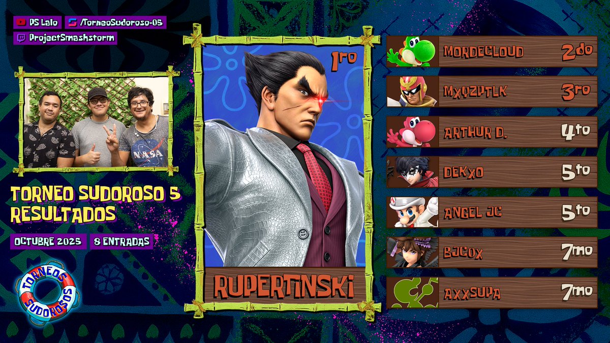 Torneo Sudoroso #05 
¡Felicidades al Top 8!

Tras dar sorpresas en los torneos donde ha aparecido, <a href="/RupertinskiY/">Rupertinski YtTtv</a> finalmente se muestra como campeón de este biweekly. 👊🏆

¡GGs a todos los participantes! 🎉
VODs: youtube.com/playlist?list=…