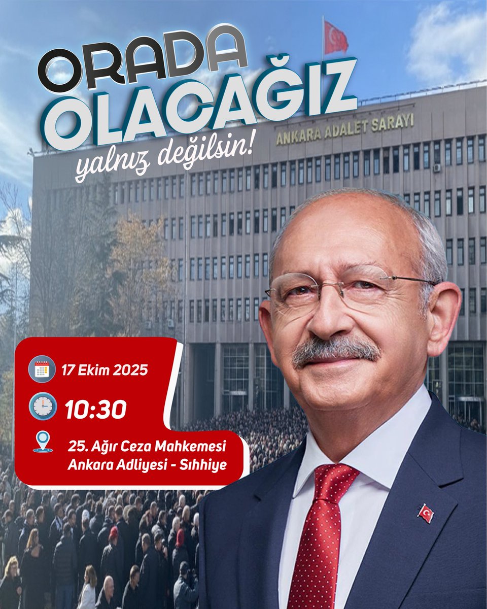 Yıllardır her türlü baskıya, iftiraya ve karalamaya rağmen demokrasiden, barıştan ve nezaketten taviz vermeyen Cumhuriyet Halk Partisi’nin 7. Genel Başkanı Sayın Kemal Kılıçdaroğlu,
17 Ekim’de Ankara 25. Ağır Ceza Mahkemesi’nde sessizliğini bozarak yeniden halkın huzuruna