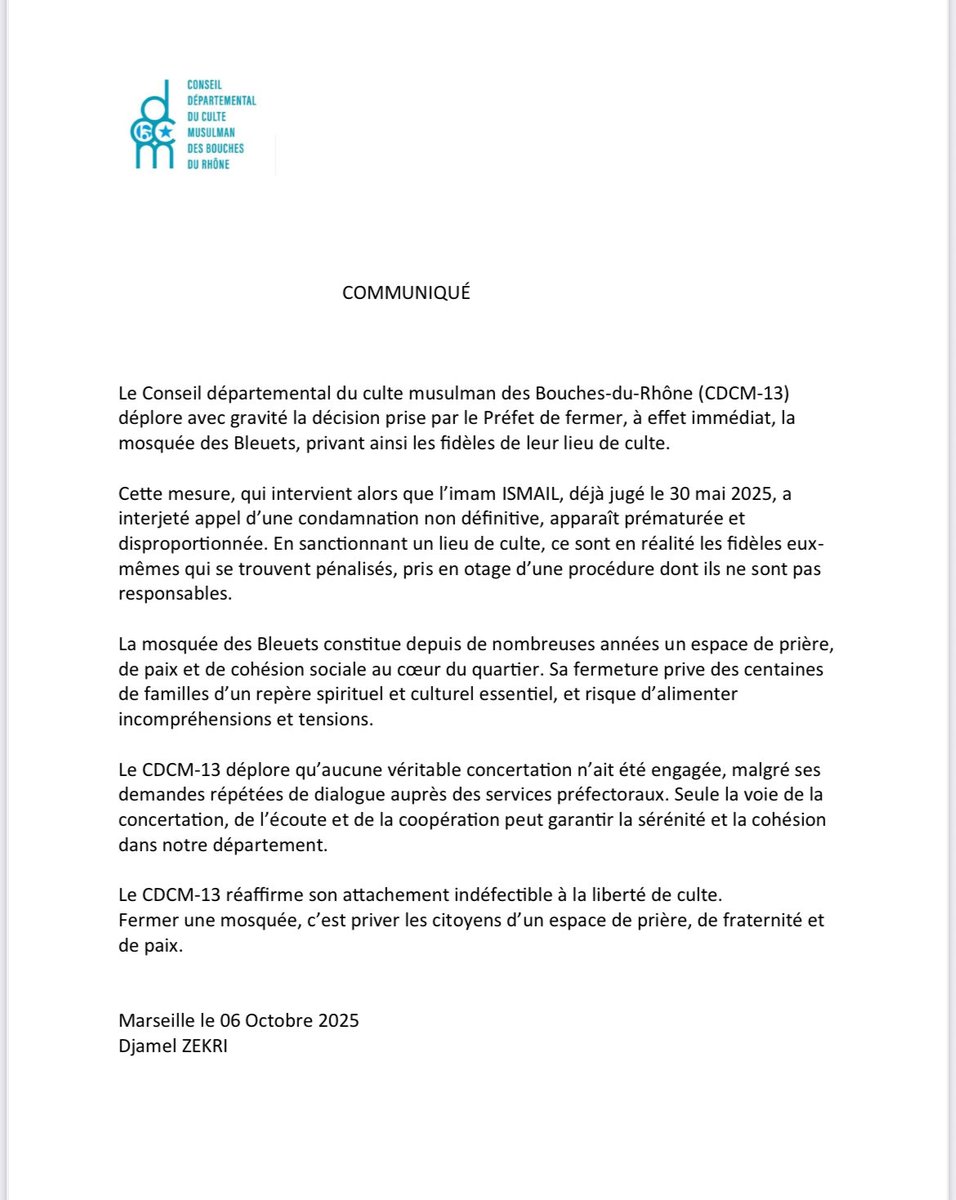 À propos de la décision du préfet portant la fermeture de la mosquée des Bleuets