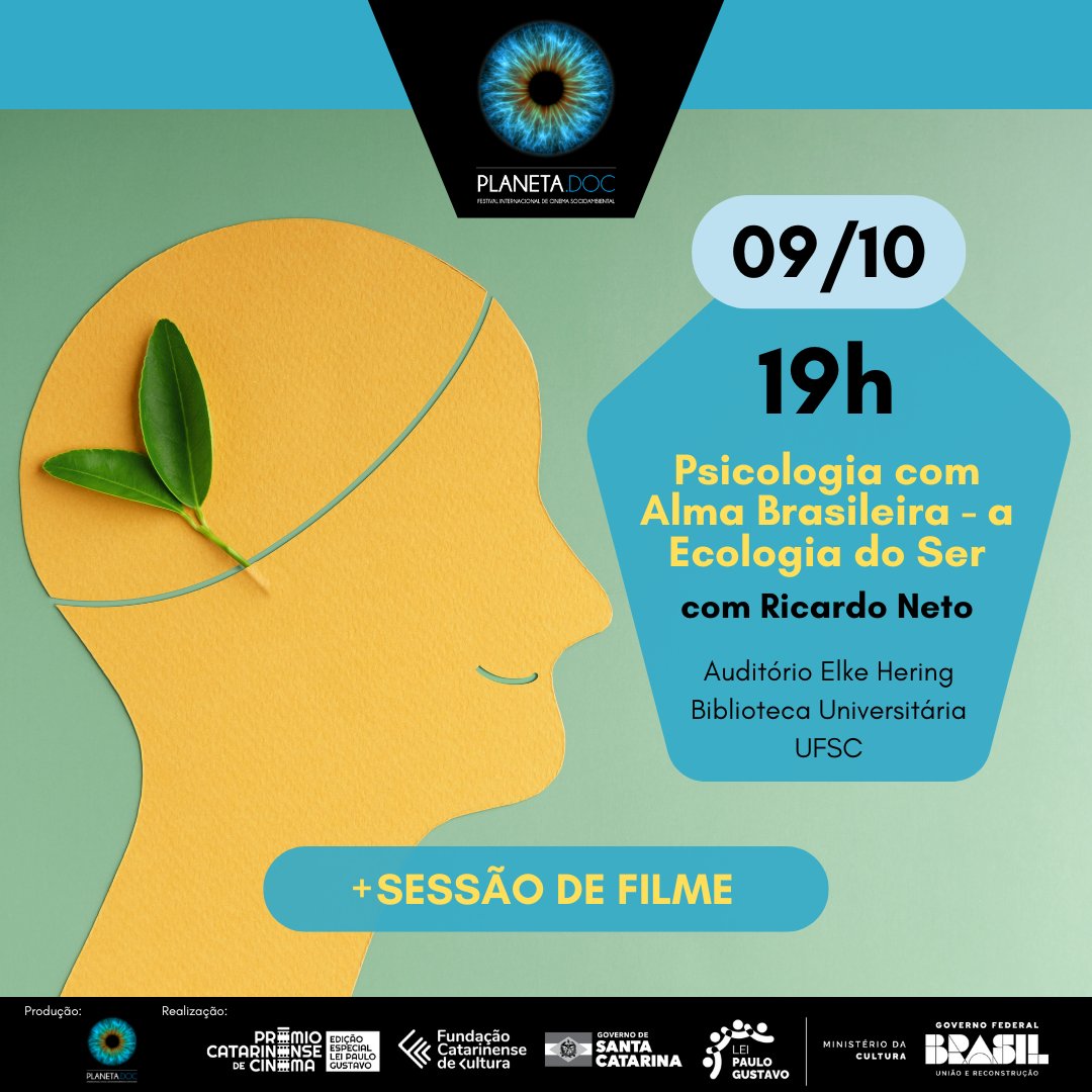 PlanetaDoc's tweet image. 🗓️ 09/10 | 19h
📍 Auditório Elke Hering – BU/UFSC
✨ Mesa “Psicologia com Alma Brasileira – a Ecologia do Ser”, com Ricardo Neto, seguida da exibição do filme “Wherá Tupã e o Fogo Sagrado”, de Rafael Coelho.
🌿 Entrada gratuita!
#PlanetaDoc2025 #WheraTupa #CinemaSocioambiental