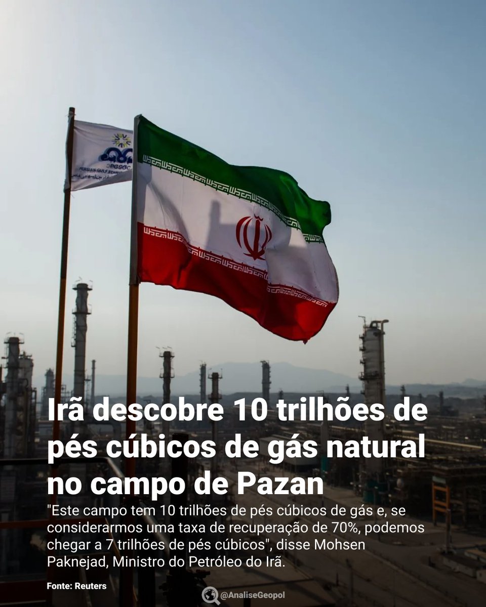 🇮🇷 O Irã anunciou nesta segunda-feira (06/10), a descoberta de um enorme campo de gás natural, contendo até 10 trilhões de pés cúbicos de gás e mais de 200 milhões de barris de petróleo.

A descoberta foi feita após a perfuração de um segundo poço exploratório em Pazan.