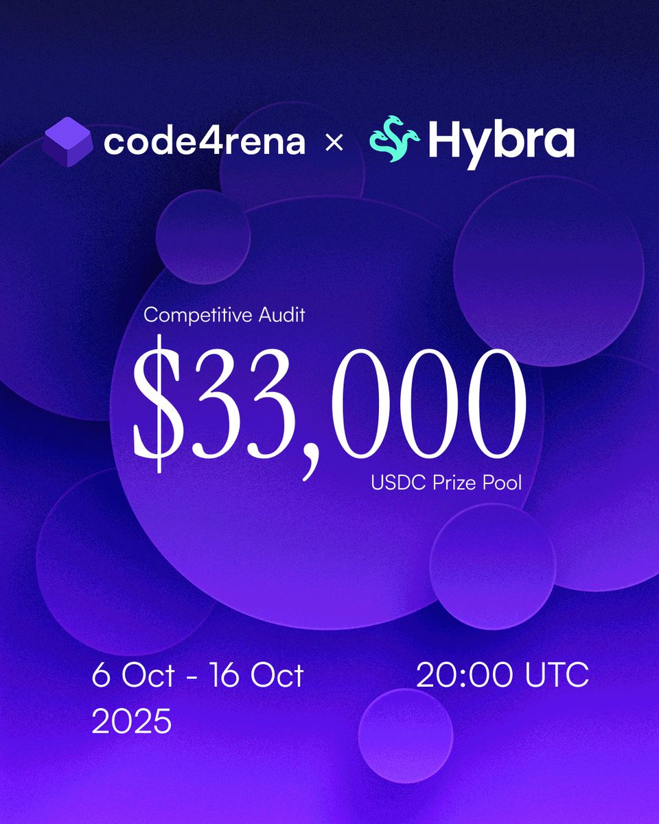 code4rena's tweet image. The Hybra Finance audit competition STARTS NOW!
Let’s welcome the @HybraFinance, the public liquidity layer on Hyperliquid.
This competition will run for 10 days with the biggest prizes going to the highest + rarest vulnerabilities found.
Check out the audit docs below.⤵️