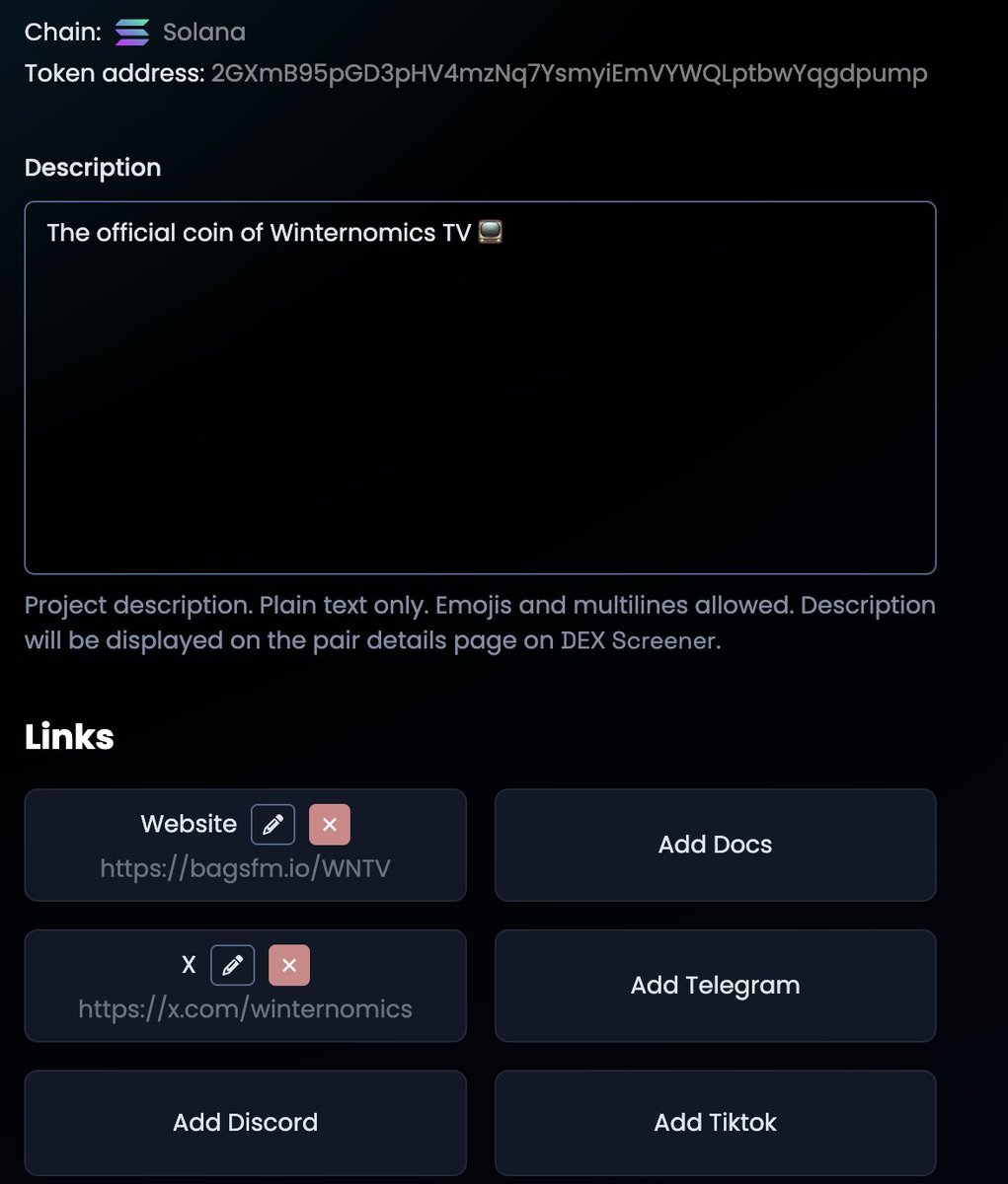 I do not know how this is possible already sent email 2 <a href="/dexscreener/">DEX Screener</a> but even after we paid to fix this attempt to attached a drainer wallet to $WNTV profile on Dex someone was able 2 change it back so do not touch links again till we get this permanently resolved with them 🚨