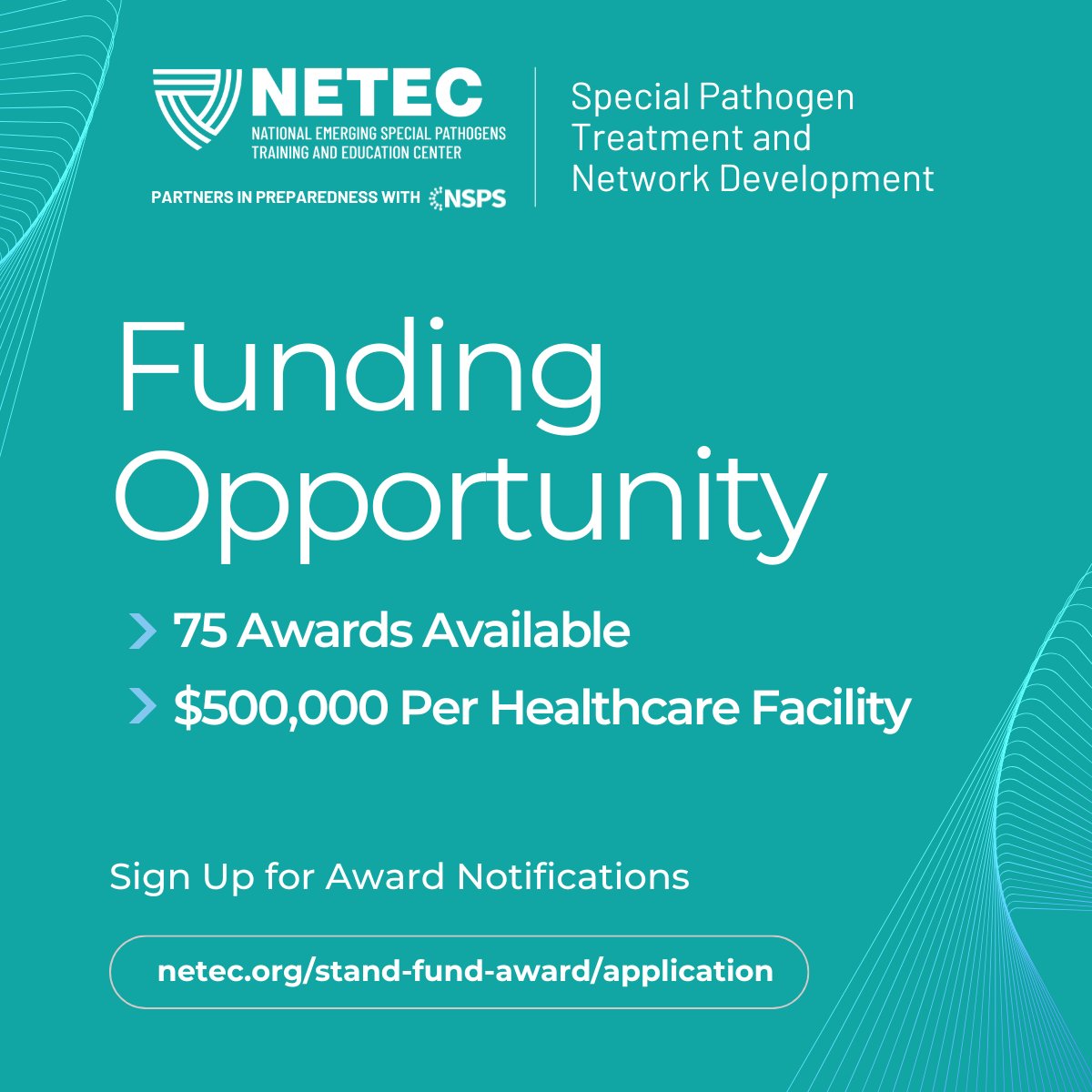The_NSPS's tweet image. The NSPS Level 2 Special Pathogen Treatment and Network Development (STAND) Award will provide $500K per facility to strengthen the nation’s special pathogen network.
👉 Learn more: ow.ly/250r50X78Hy
#NETEC #SpecialPathogens #STANDAward #HCID #NSPS