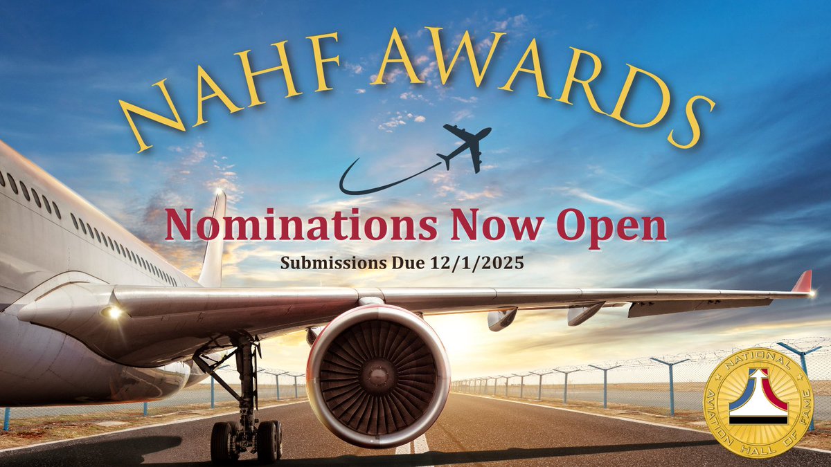 ✈️ Nominations are open! ✈️
Know someone shaping the future of aviation &amp; aerospace? Submit by Dec 1 for the 2026 #NAHF Awards:
⭐ Spirit of Flight
📝 Crossfield Educator of the Year
🚀 Armstrong Achievement

Nominate today 👉 nationalaviation.org/programs

#Awards #Enshrinement2026