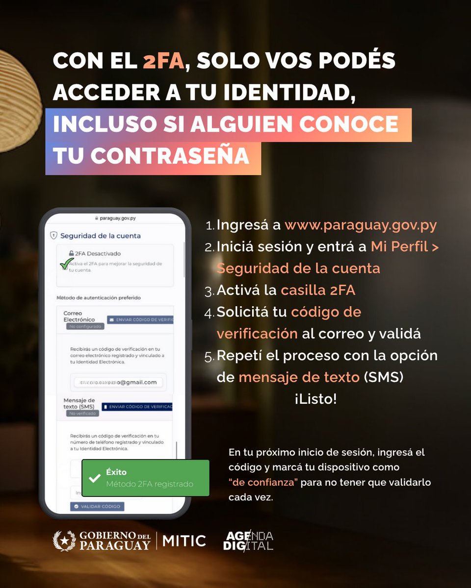 Miticpy's tweet photo. 🔒 | Ahora podés reforzar la seguridad de tu Identidad Electrónica activando la Autenticación en Dos Factores (A2F).

⤵️ Seguí estos simples pasos desde https://t.co/QVXmelz5qc y protegé tu cuenta con una capa extra de seguridad.

Más info: https://t.co/aoOZJHgG0o https://t.co/0sFdqUWd1K