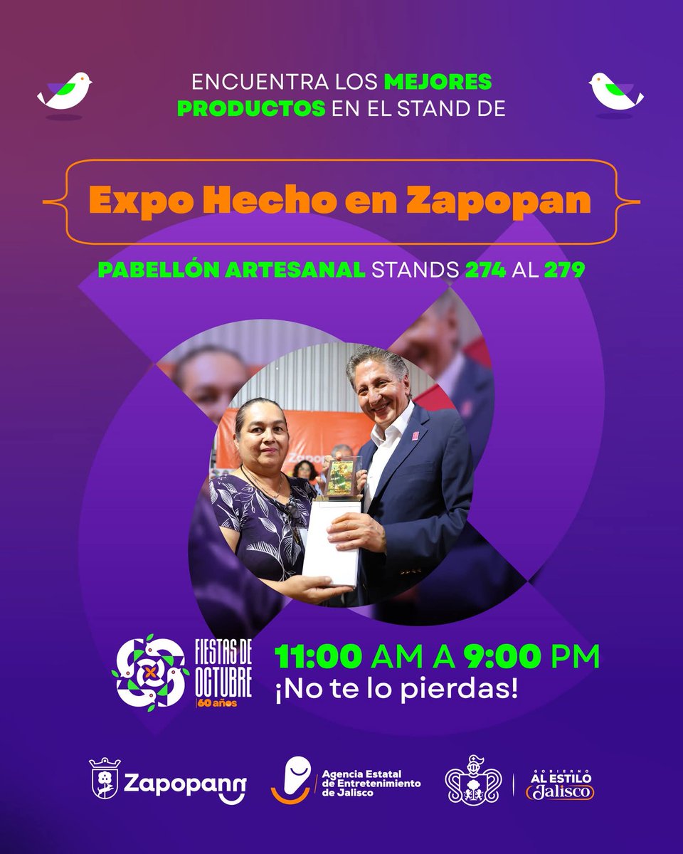 ¡Los mejores productos de #ExpoHechoEnZapopan llegaron a las #FiestasDeOctubre! 🎪🎉

🔸Visítanos en el Pabellón Artesanal, stands 274 al 279. de 11:00 am a 9:00 pm.