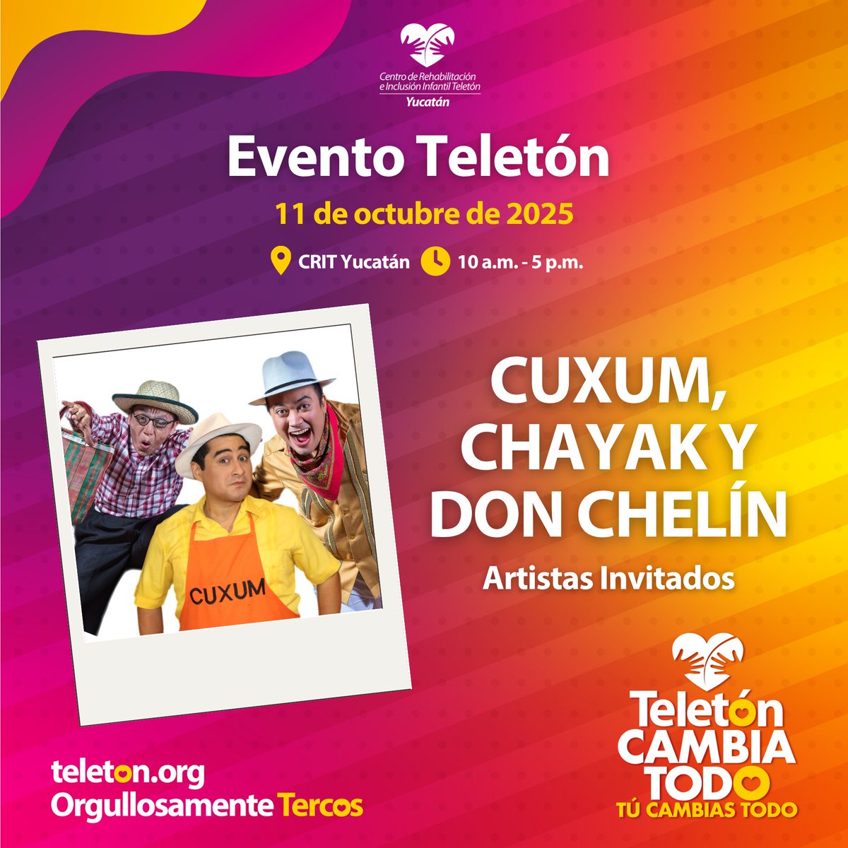 CRITYucatan's tweet photo. La picardía y el talento yucateco de @CUXUMTEATRO, @chayak_ y Don Chelín estarán presentes en el Evento Teletón 2025 del CRIT Yucatán.🎭✨

Un show lleno de risas y solidaridad.💜💛

#TeletónCambiaTodo #TúCambiasTodo #Teletón2025 #OrgullosamenteTercos #OrgullosamenteYucaTercos https://t.co/g3DzXgp9bU