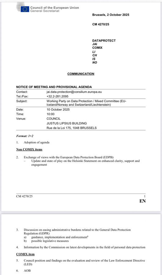 montezumachavez's tweet photo. On October 10, the Working Party on Data Protection / Mixed Committee (EU, Iceland/Norway and Switzerland/Liechtenstein) will discuss about easing administrative burdens related to the GDPR, including guidance, implementation and enforcement, and possible legislative measures. https://t.co/PZWKaNK6yU