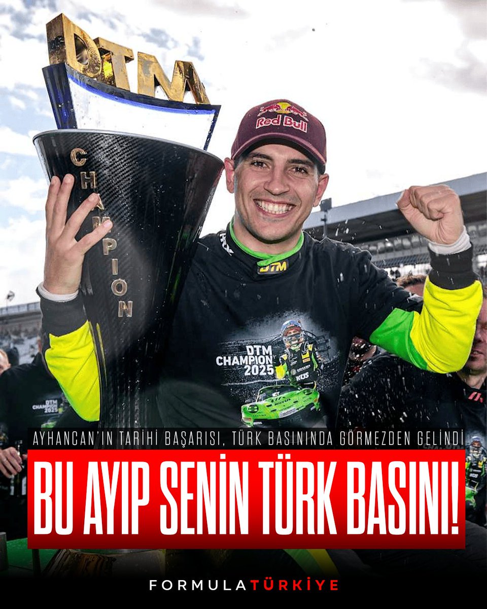 FormulaTurkiye's tweet image. 🇹🇷 AYHANCAN&apos;I YOK SAYAN BASIN, BU AYIP SİZİN!

Milli sporcumuz Ayhancan Güven, dünyanın en prestijli binek otomobil serilerinden DTM’de şampiyon olarak Türk motor sporları tarihinin en büyük başarısına imza attı.

Bu tarihi zafer dünya basınında geniş yankı bulurken, geleneksel…