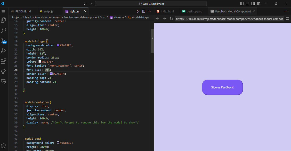 marvellousbh's tweet image. Day 13 of #30daysofcode
I’m so tired 😪
Had a long day, and it’s the start of a super busy week, but I still want to show up for my challenge.
Worked on the button that triggers the modal and played around with percentage measurements for responsiveness.