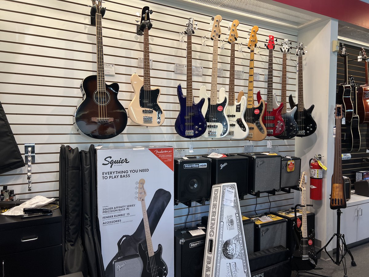 We offer a variety of beginner and intermediate guitars, basses, and other fretted instruments in our stores. Our knowledgeable music professionals are always ready to help you find your perfect instrument.  🎸🪕

Brands we carry: Fender, Yamaha, Ibanez, Eastman, Michael Kelly!