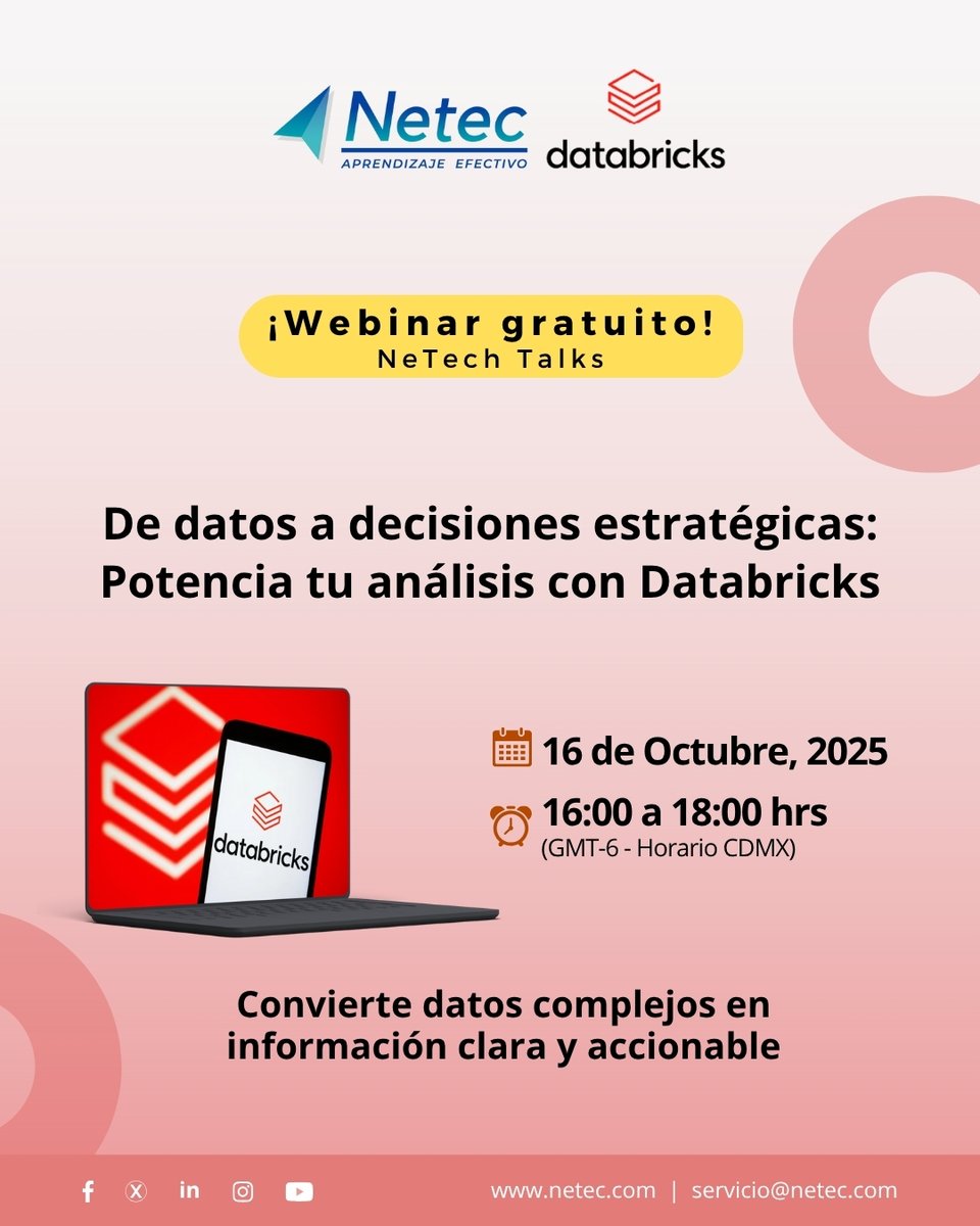 netec's tweet image. #WebinarGratuito 📊 “De datos a decisiones estratégicas: Potencia tu análisis con Databricks”
Aprende a integrar #Databricks con Power BI para transformar datos en decisiones efectivas.

📅 16 oct | 🕒 16:00-18:00 (GMT-6)
Registrate ➡️ hubs.la/Q03Mqwxy0

#NetecConecta