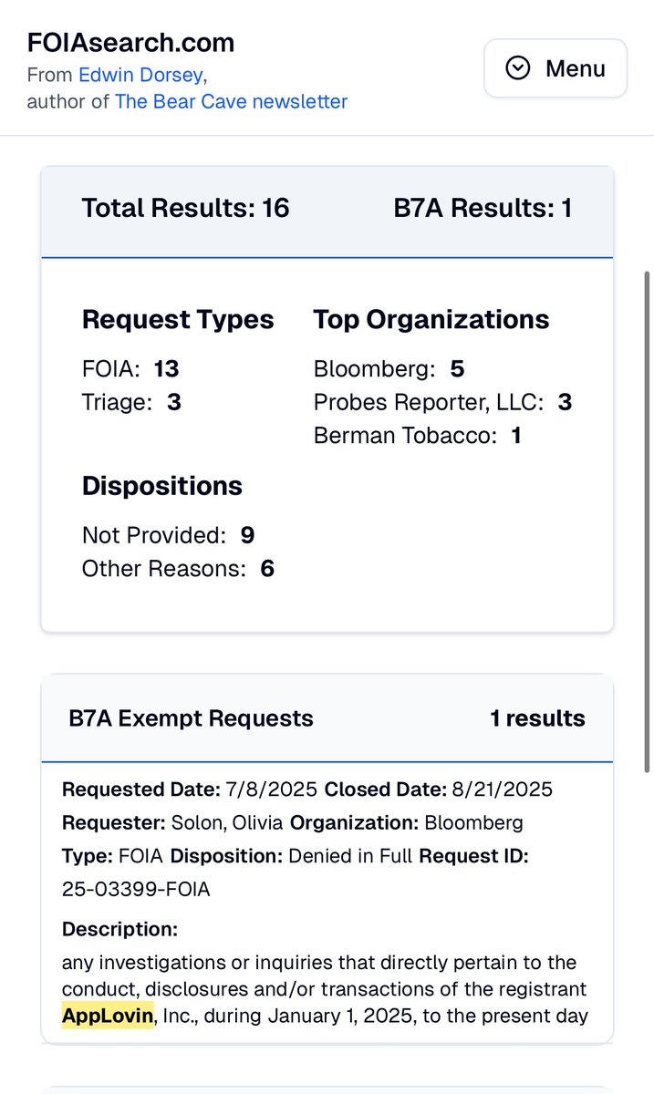 StockJabber's tweet image. If you used @FOIAsearch, you would have know about the AppLovin SEC inquiry weeks before the public and even the exact reporter working on the story! $APP