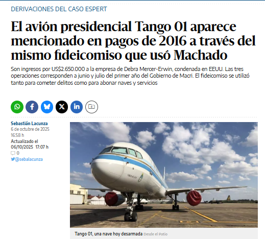 sebalacunza's tweet photo. Escribí

El avión presidencial Tango 01 aparece mencionado en pagos de 2016 a través del mismo fideicomiso que usó Machado

Son ingresos por US$2.650.000 a la empresa de Debra Mercer-Erwin, condenada en EEUU. Las tres operaciones corresponden a junio y julio del primer año del Gobierno de Macri.

https://t.co/3uXptgiSQJ