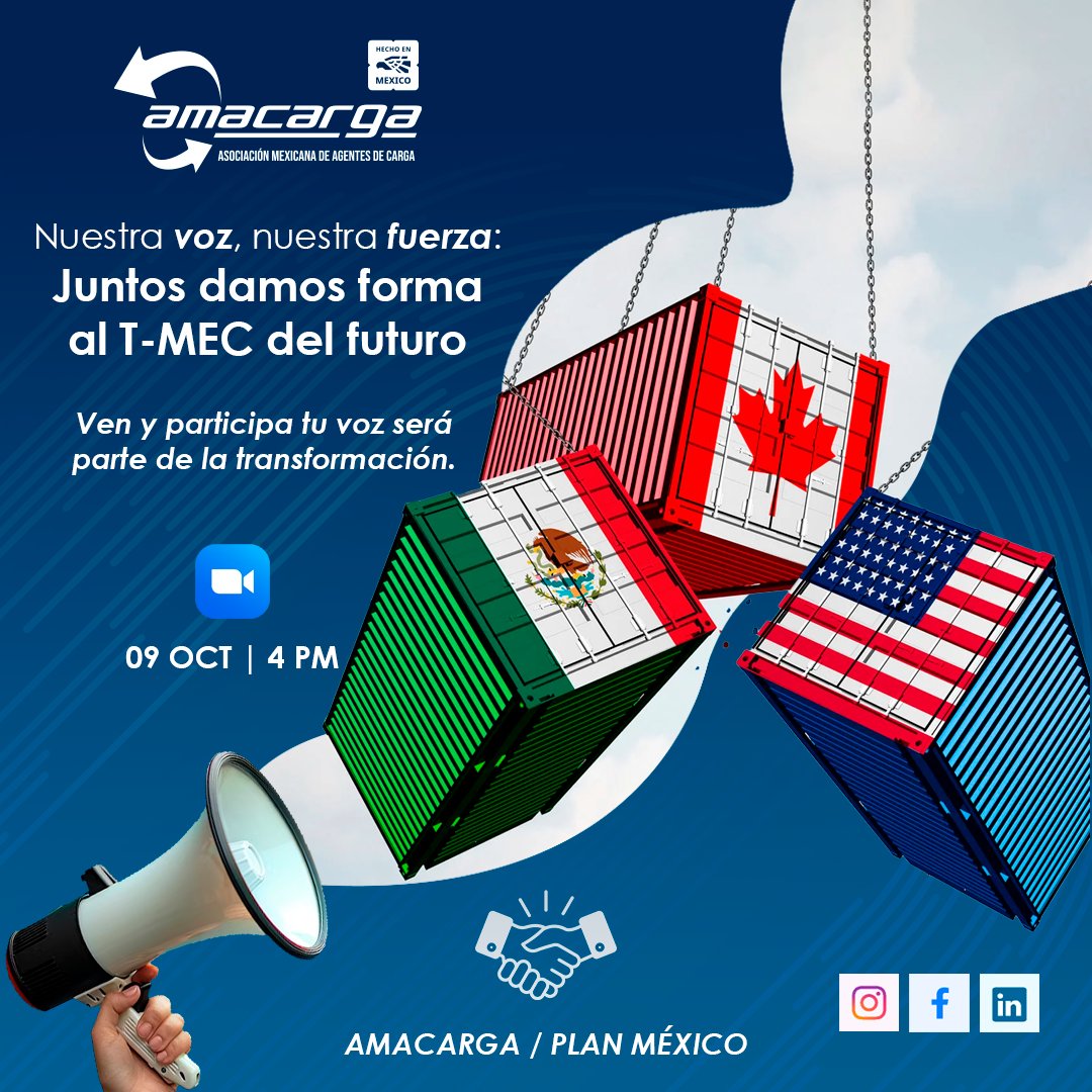 ¡Asociados Amacarga! 📷 los invitamos a participar en este Webinar exlusivo para ustedes

"Nuestra voz, nuestra fuerza: Juntos damos forma al T-MEC del futuro"

9 de Octubre 4 PM.

Para registrarte contacta a tu Ejecutivo Comercial

#Amacarga #TMEC #Webinar