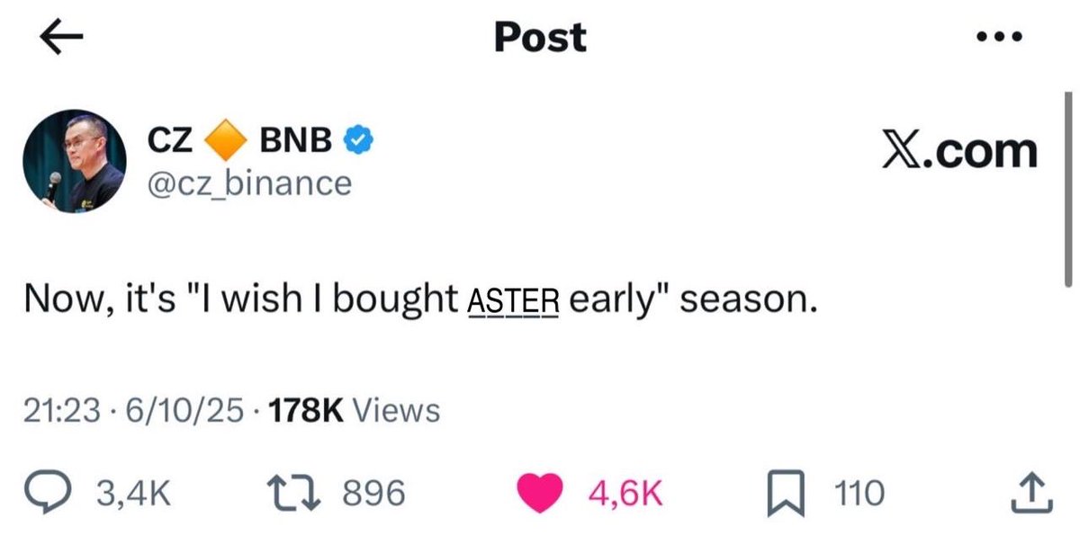 SrPeters's tweet image. $ASTER literally fits perfectly in the 5 empty spots CZ hinted at.

Are you connecting the dots?

Or will you when it’s at $4?

He has only shilled one 5 letter ticker ever.

We’re showing you the door.

You must walk through it.