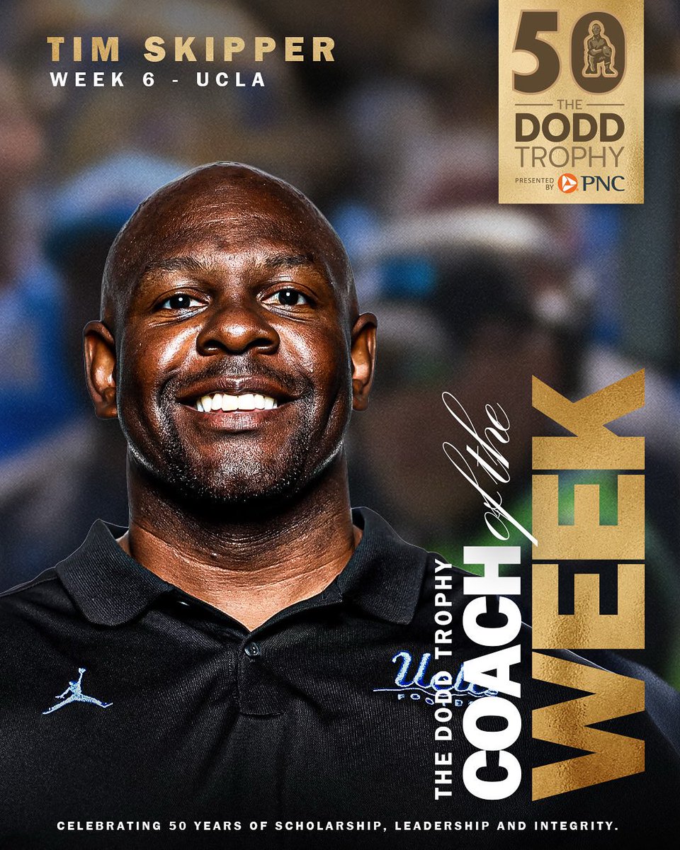 In his first week as interim head coach, <a href="/UCLAFootball/">UCLA Football</a> Tim Skipper led his team to a huge win over No. 7 Penn State and earns our Week 6 Dodd Coach of the Week honors! 

Congrats Coach! 

🔗: bit.ly/3KVrIxU

#DoddTrophy | presented by <a href="/PNCBank/">PNC Bank</a>