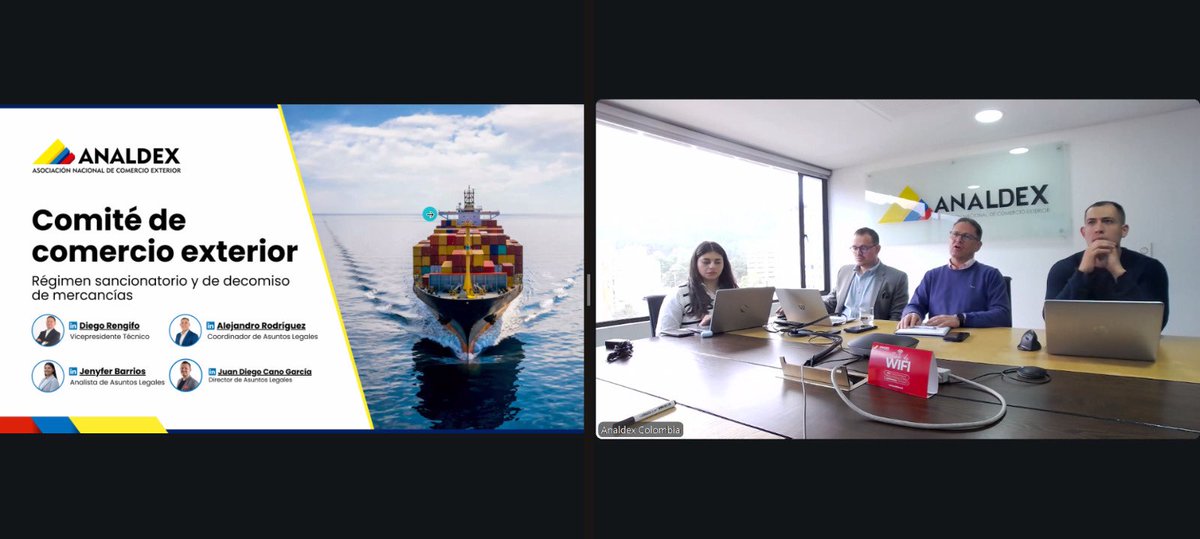 AnaldexColombia's tweet photo. #AEstaHora se desarrolla el Comité de Comercio Exterior 'Nuevo Régimen Sancionatorio Aduanero: Proyecto de Ley del Sector Privado'.

Este espacio, liderado por la dirección de Asuntos Legales de Analdex (@juandicanog, Alejandro Rodríguez y @barrios_jenyfer), junto a nuestro Vicepresidente Técnico (@Drengifog), aborda temas clave para el sector, como las sanciones proporcionales, la responsabilidad objetiva y subjetiva, y el decomiso como sanción.