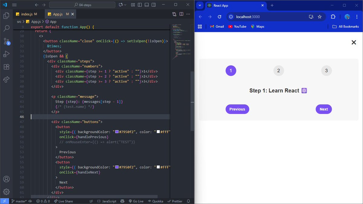 _joseDev_'s tweet photo. Today’s grind 💻
~ Built a steps component
~ Learned how to handle events — the React way 
~ Understood what state really is in React
~ Created state variables with useState()
~ Dived into the mechanics behind state https://t.co/tBIGGErP4T