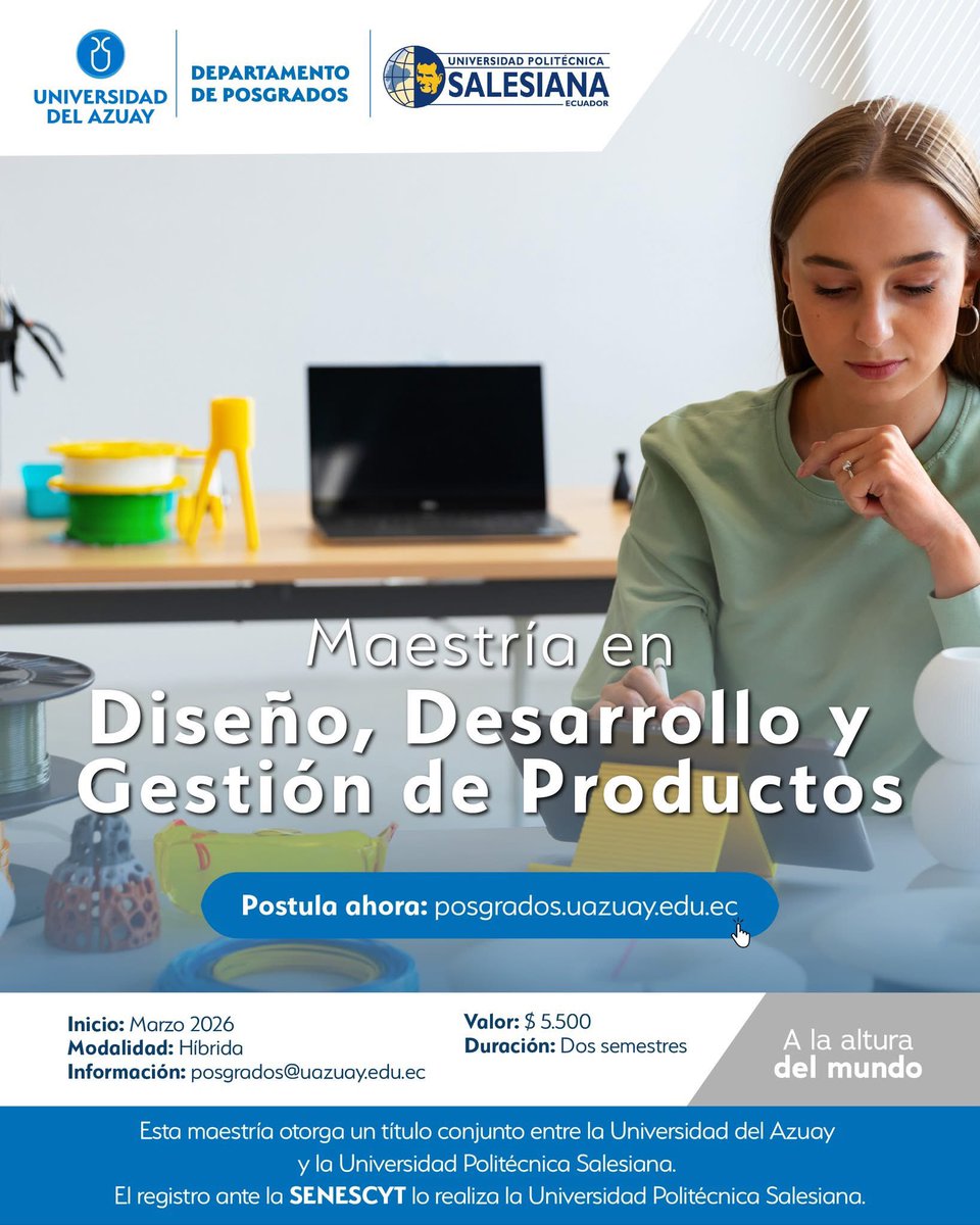 uazuay's tweet image. 🧑‍💻💡 Convierte ideas en productos innovadores

La Maestría en Diseño, Desarrollo y Gestión de #Productos, forma profesionales interdisciplinarios para crear y gestionar productos innovadores, #sostenibles y competitivos, con visión estratégica que impacta positivamente la