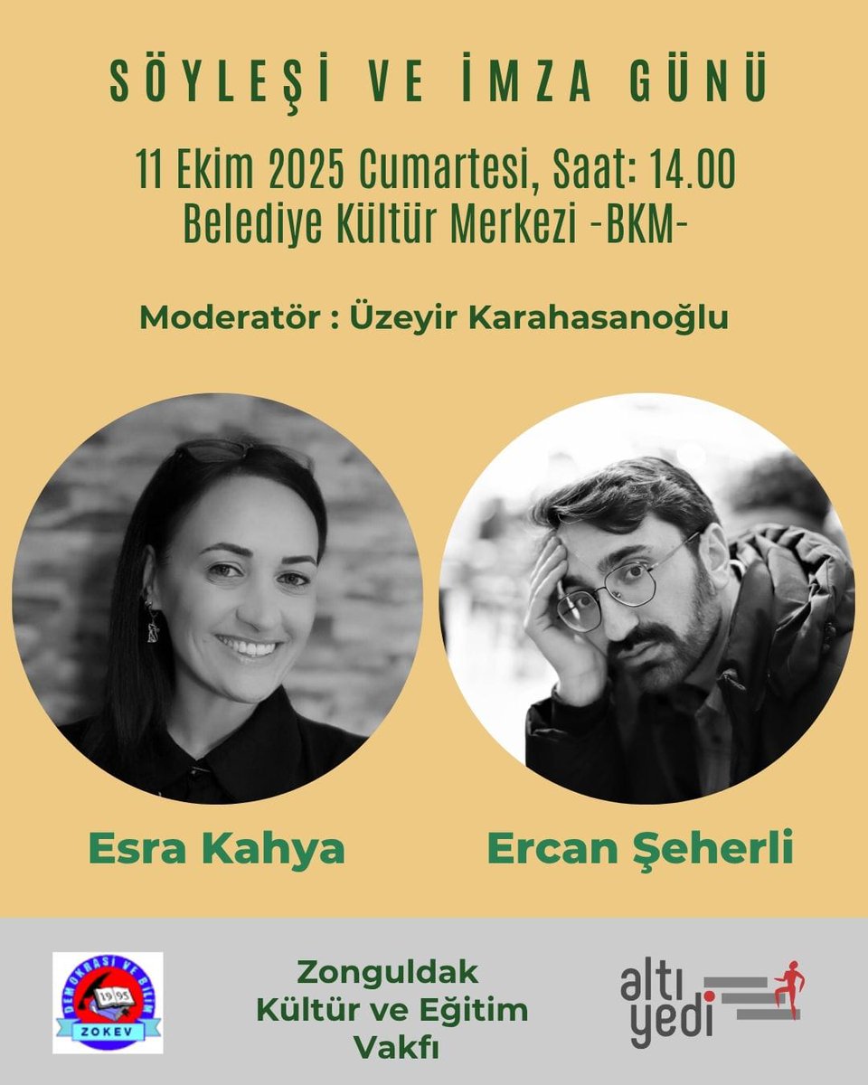 Söyleşi ve imza  günlerimiz başlıyor, 
Esra Kahya ve Ercan Şeherli okurlarıyla buluşuyor! 
11 Ekim Cumartesi günü 14.00'te Zonguldak Belediye Kültür Merkezinde buluşmak üzere.
