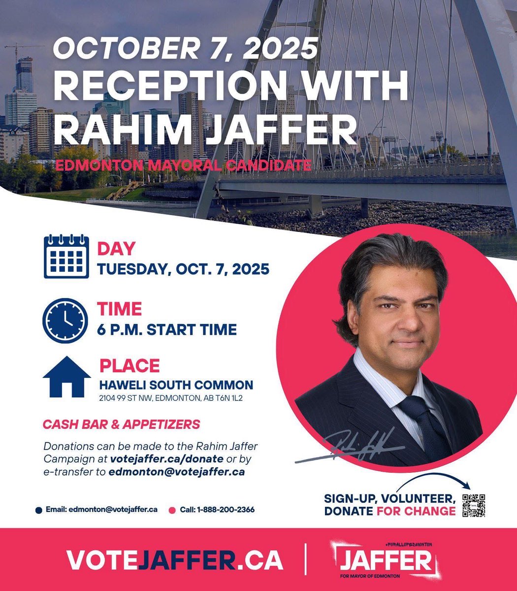 We’re one day away! Join us for a big reception at <a href="/HaweliSCommon/">Haweli Restaurant South Common</a> on Tuesday, October 7.

This will be an unforgettable evening of great food, drinks, and company!

➡️ Votejaffer.ca

#yeg #yegvote #forallofedmonton