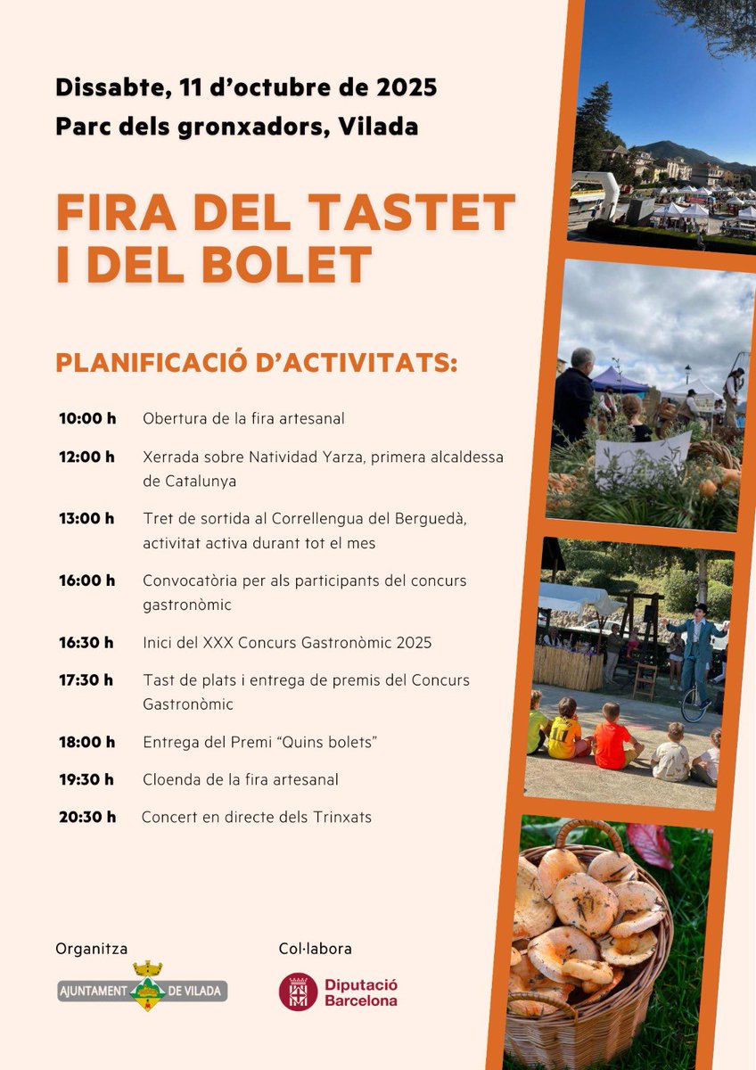 Aquest dissabte 1️⃣1️⃣ d’octubre torna la Fira del Tastet i del Bolet 🍄 a #Vilada. 

Fira d’artesania, cultura, llengua, concurs gastronòmic i concert amb els Trinxats. 

Que no t’ho expliquin … 

#visitvilada #berguedà #elberguedà