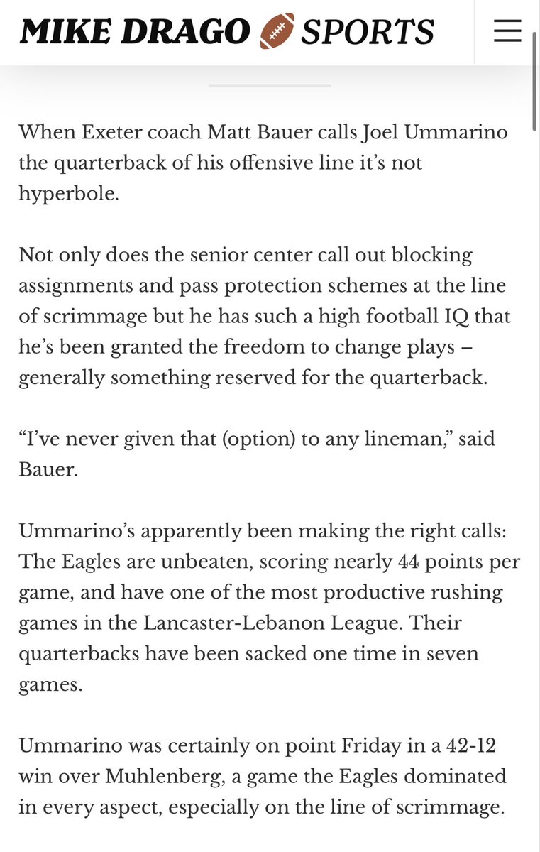 joel_ummarino's tweet image. Thank you to @MDrago59 for the article and to everyone who nominated me for the Wyomissing Physical Player of the Week! @ExeterTwpFB