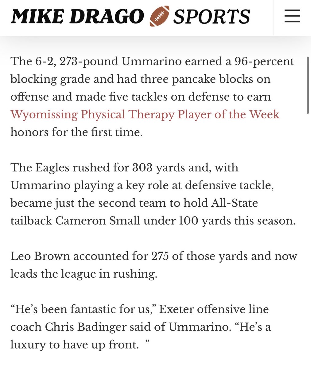 joel_ummarino's tweet image. Thank you to @MDrago59 for the article and to everyone who nominated me for the Wyomissing Physical Player of the Week! @ExeterTwpFB