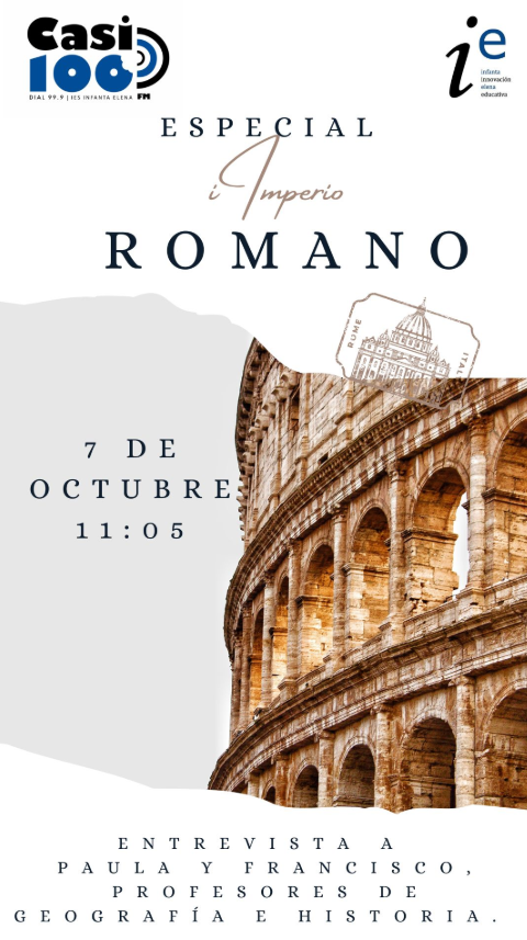 📻 Se estrena el curso escolar en nuestra Cadena Casi100 con una entrevista tan interesante como edificante, Especial Imperio Romano, con la entrevista a los profesores de Geografía e Historia, Paula y Francisco. 
¡No os lo perdáis, sintonizad la 99.9!