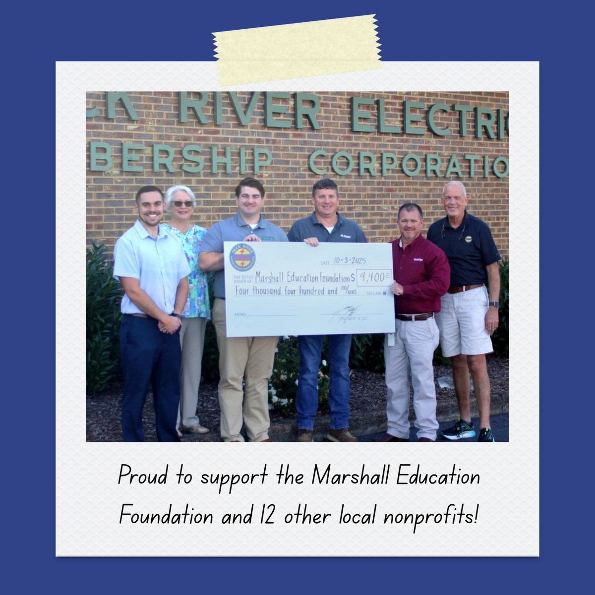 We are excited to donate a total of $52,200 to 13 nonprofits making a difference in our communities, including the Marshall Education Foundation (pictured here). Learn more at facebook.com/DuckRiverEMC