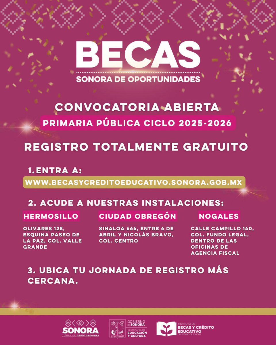📢 ¡Atención Sonora! 

El registro para la convocatoria de Becas Sonora de Oportunidades para primaria pública 2025-2026 es directo, gratuito y sin necesidad de intermediarios o gestores.

¡No permitas que lucren con una acción pública! Si tienes dudas o requieres apoyo en el