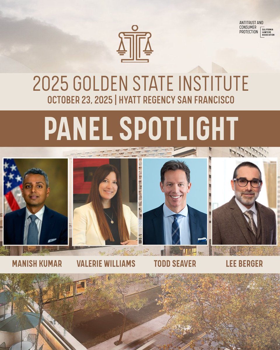 CLAAntitrust's tweet image. You&apos;re invited to the 35th Annual Golden State Institute featuring Panel: Recent Developments in Antitrust &amp;amp; Unfair Competition

Join experts Manish Kumar, Valerie Williams, Todd Seaver, and moderator Lee Berger!

Register now: bit.ly/3KCvL2f