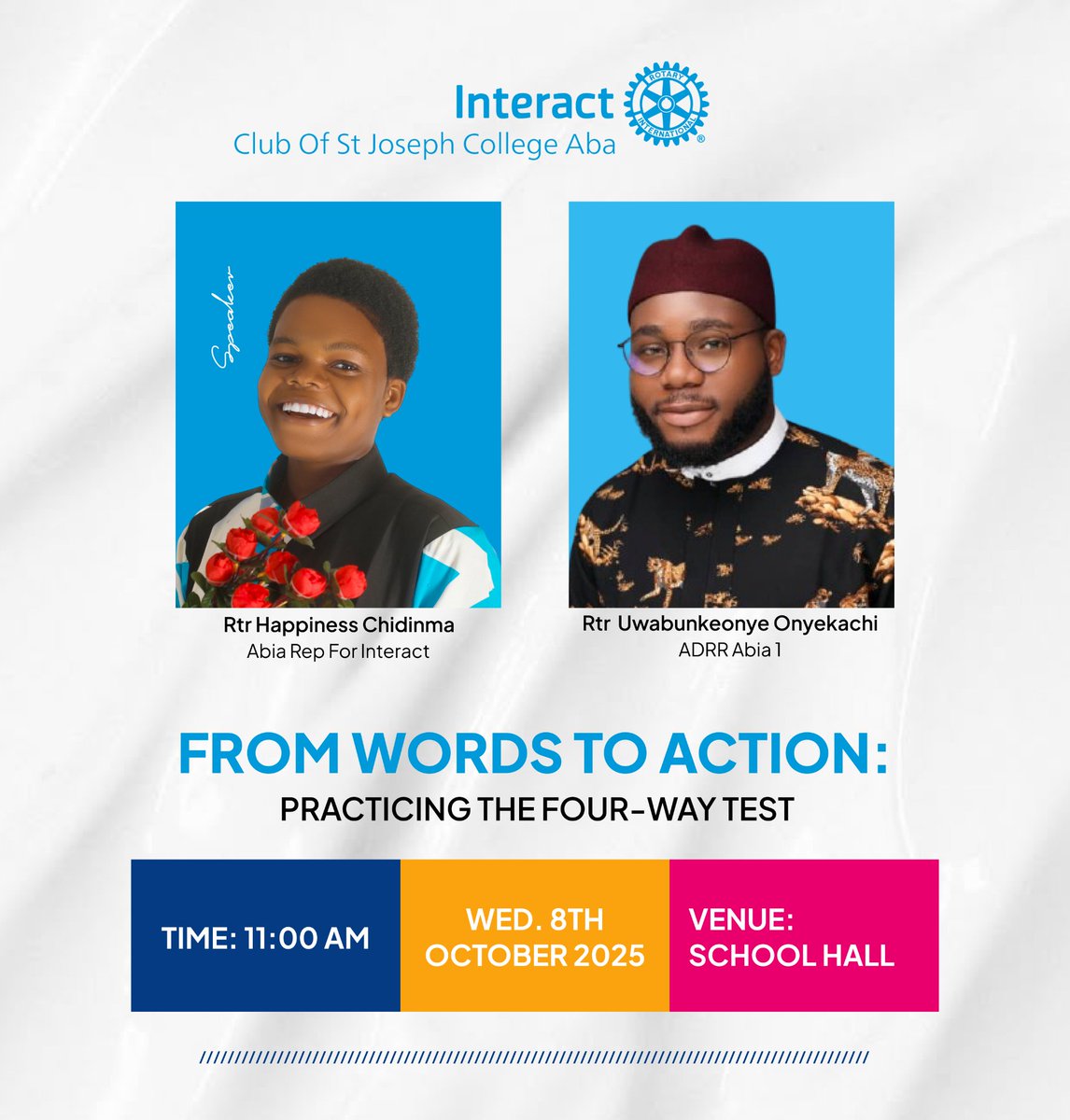 RacUmungasiAba's tweet image. FROM WORDS TO ACTION 💙
At the Interact Club of St. Joseph College Aba, we’re learning to live the Four-Way Test not just say it.
Truth. Fairness. Goodwill. Benefit to all.
That’s the Interact way! 🌍✨

#Interact #Rotary #FourWayTest #ServiceAboveSelf #FromWordsToAction