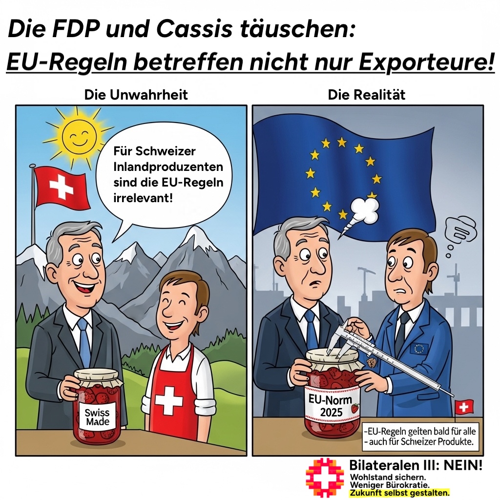 FDP/Cassis täuschen vor: EU-Regeln betreffen nur Exporteure. Doch Ignazio Cassis' Erdbeerkonfitüre 🍓-Beispiel hat das Gegenteil bewiesen: EU-Regeln betreffen auch Nicht-Exporteure!

Wie kann eine bürokratiekritische Partei mehr Bürokratie wollen?