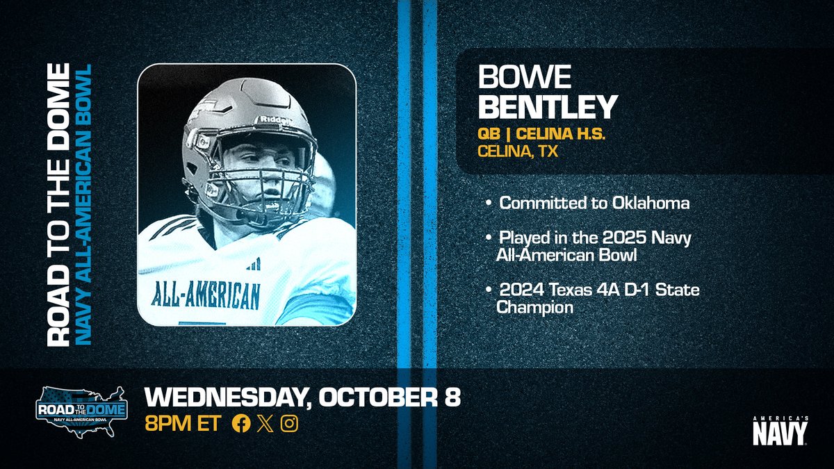 AABonNBC's tweet photo. Oklahoma commit Bowe Bentley (@bowebentley) will be honored as a 2026 Navy All-American Wednesday at 8 pm ET.

#OUDNA

#LA26ESTROUNDUP 🐎

#NavyAAB 🇺🇸 @AmericasNavy https://t.co/YIu5FrdS17